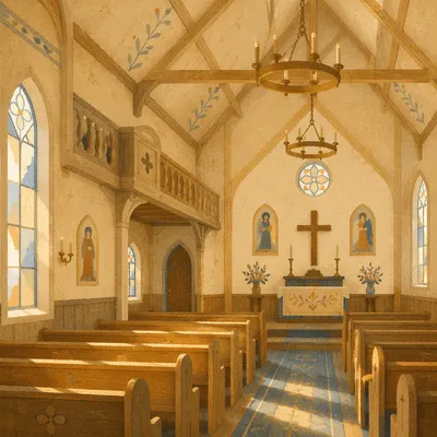 Sunlit Chapel Pews with Stained Glass