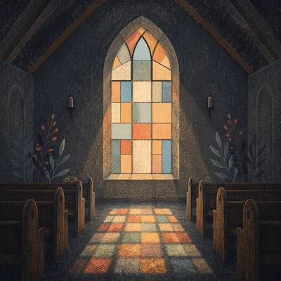 Sunlit Church Pews by Stained Glass