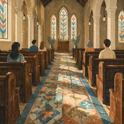 Sunlit Church Pews and Stained Glass