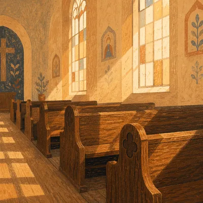 Sunlit Church Pews by Stained Glass