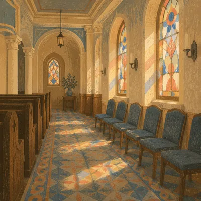 Sunlit Chapel Aisle with Stained Glass