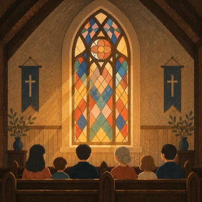Sunlit Church Pews and Stained Glass