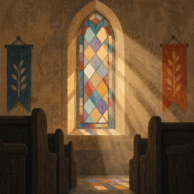 Sunlit Chapel Pews and Stained Glass