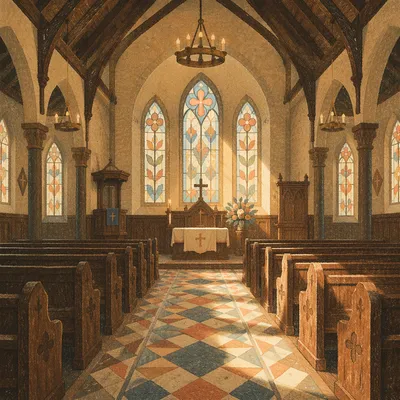 Sunlit Historic Church Pews and Stained Glass