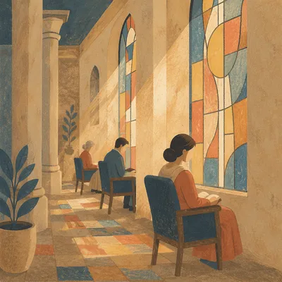 Sunlit Church Pews by Stained Glass