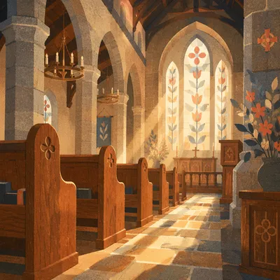 Sunlit Church Pews and Stained Glass