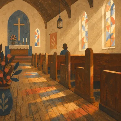 Sunlit Chapel Pews With Stained Glass