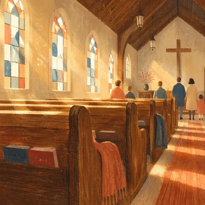 Sunlit Church Pews After Morning Service