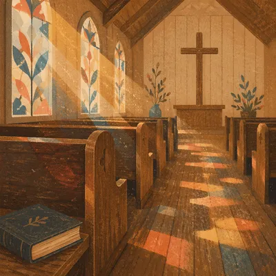 Sunlit Pews in a Quiet Wooden Chapel