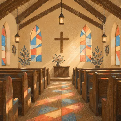 Sunlit Chapel Pews with Stained Glass