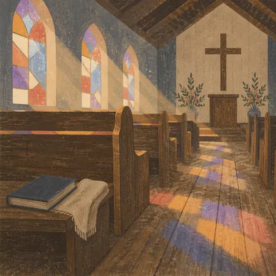 Sunlit Chapel Pews with Stained Glass