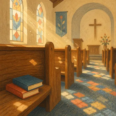 Sunlit Church Pews With Stained Glass