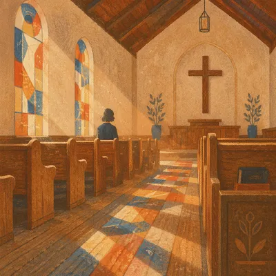 Sunlit Chapel Pews with Stained Glass