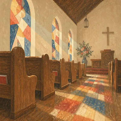 Morning Sunlight Through Chapel Pews