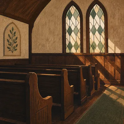Sunlit Chapel Pews with Stained Glass