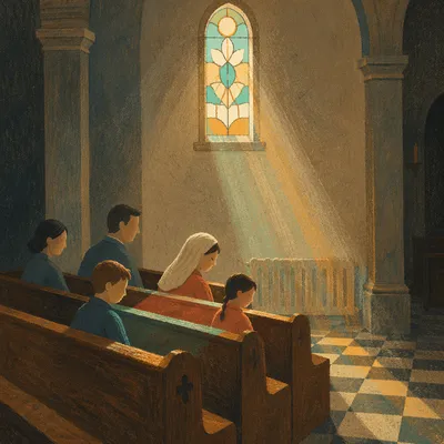 Sunlit Church Pews with Stained Glass