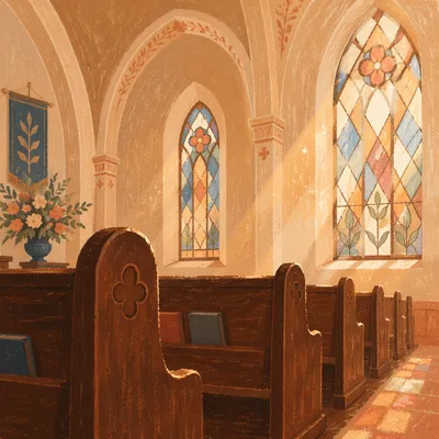 Sunlit Church Pews With Stained Glass
