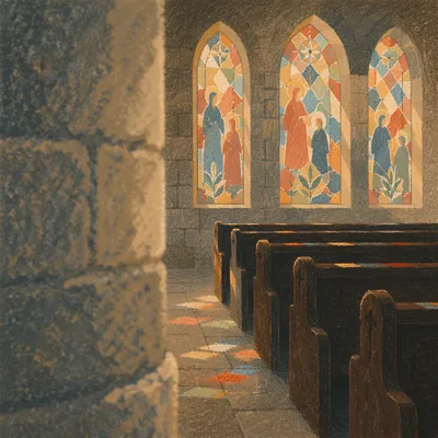 Sunlit Church Pews Beneath Stained Glass