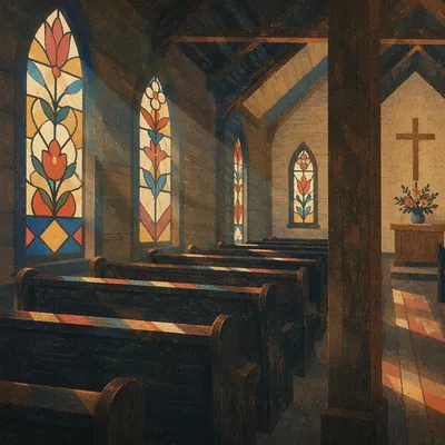 Sunlit Stained Glass Chapel Pews