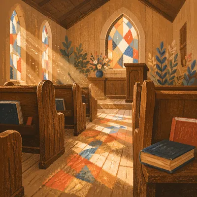 Sunlit Chapel Pews with Stained Glass Glow