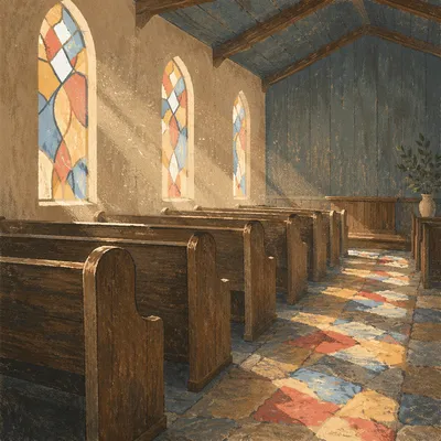 Sunlit Pews in a Quiet Wooden Chapel