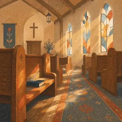 Sunlit Church Pews with Stained Glass
