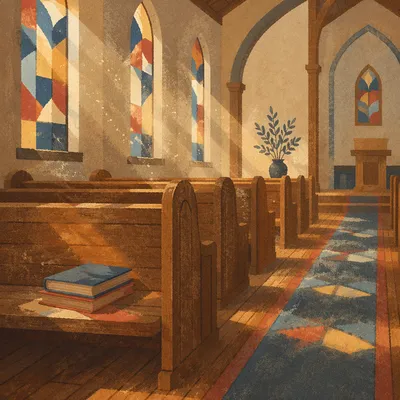 Sunlit Church Pews with Stained Glass