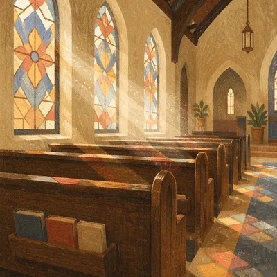 Sunlit Church Pews with Stained Glass