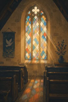 Sunlit Chapel Pews With Stained Glass