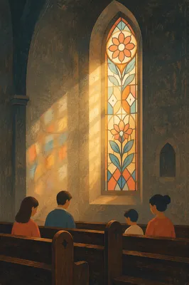 Sunlit Stained Glass Above Chapel Pews