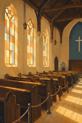 Sunlit Stained Glass Over Empty Church Pews
