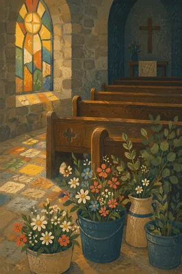 Sunlit Church Pews with Stained Glass Flowers