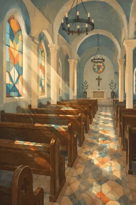 Sunlit Chapel Pews With Stained Glass