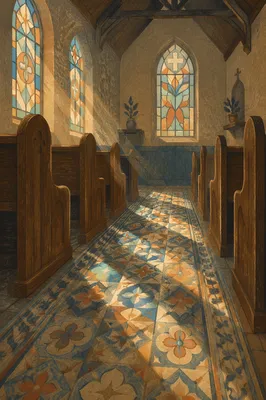 Sunlit Church Pews with Stained Glass