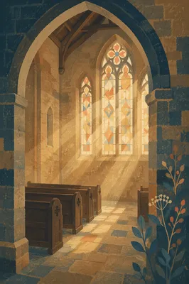 Sunlit Church Pews Beneath Stained Glass