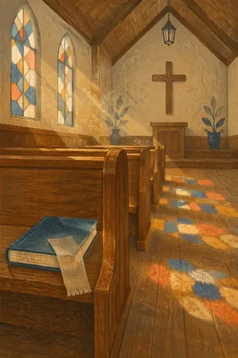 Sunlit Chapel Pews with Stained Glass