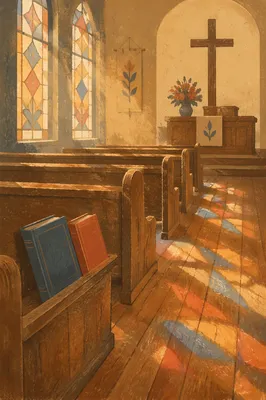 Sunlit Chapel Pews with Stained Glass Glow
