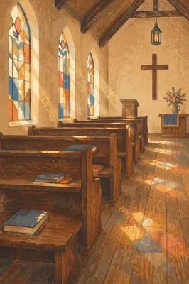 Sunlit Church Pews with Stained Glass Glow