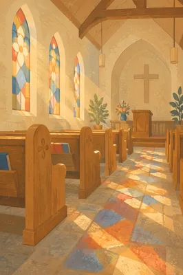 Sunlit Church Pews with Stained Glass