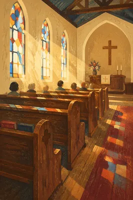 Sunlit Church Pews with Stained Glass