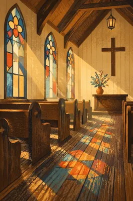 Sunlit Church Pews with Stained Glass