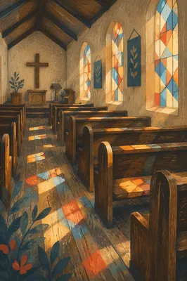 Sunlit Church Pews with Stained Glass