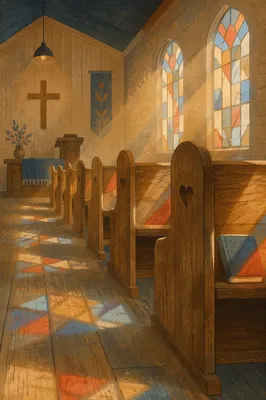 Sunlit Chapel Pews With Stained Glass