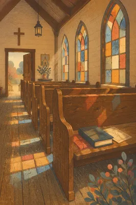 Sunlit Church Pews with Stained Glass
