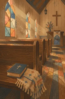Sunlit Chapel Pews With Stained Glass