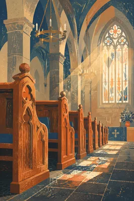 Sunlit Gothic Church Pews and Stained Glass