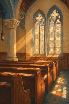 Sunlit Church Pews and Stained Glass