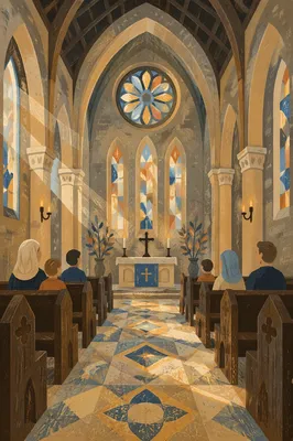 Sunlit Church Pews Beneath Stained Glass