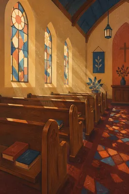 Sunlit Church Pews with Stained Glass