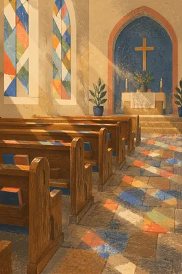 Sunlit Church Pews with Stained Glass